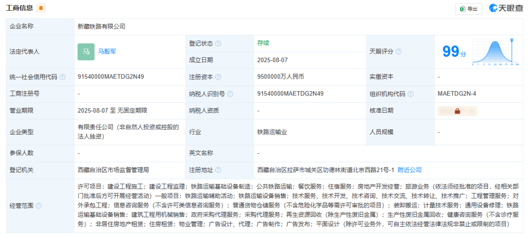 新藏鐵路公司成立，注冊資本950億元